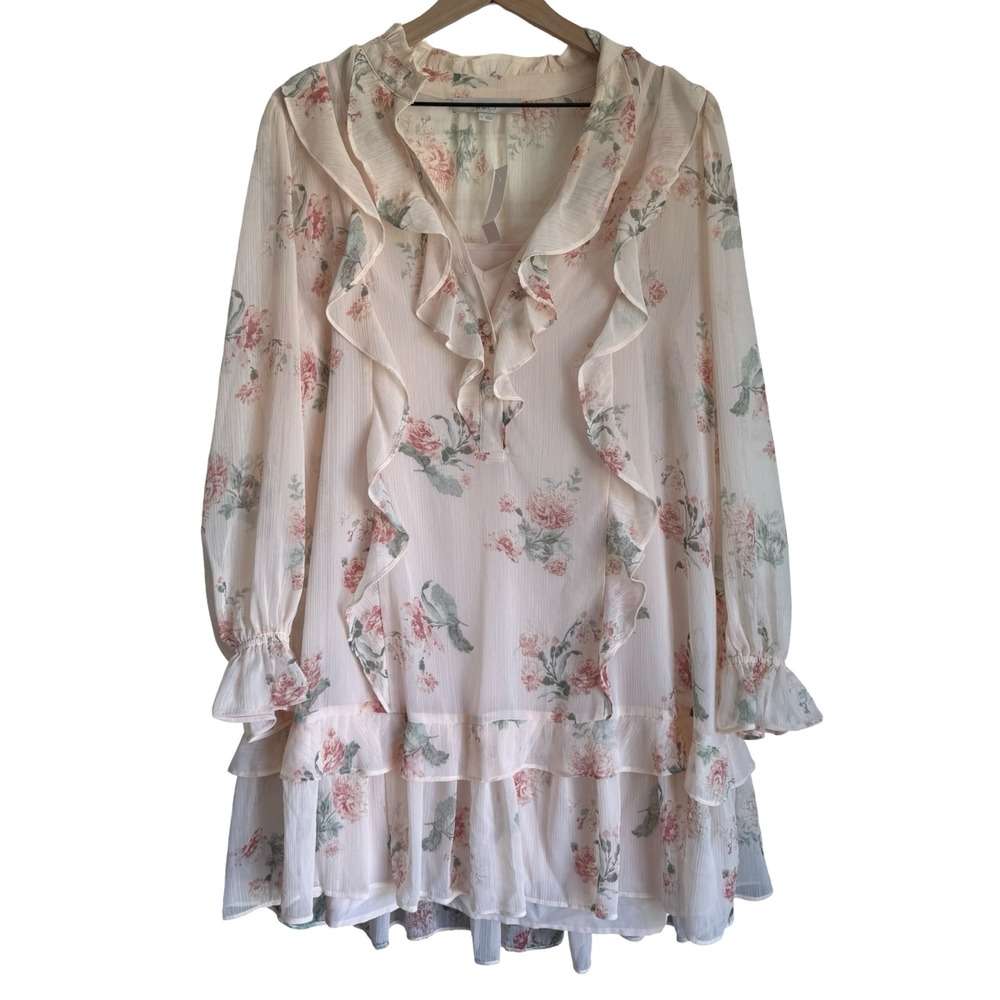 LOFT Floral Ruffle Mini Dress Cream Pink Long Sleeve Chiffon 520996 Womens S - Picture 3 of 6